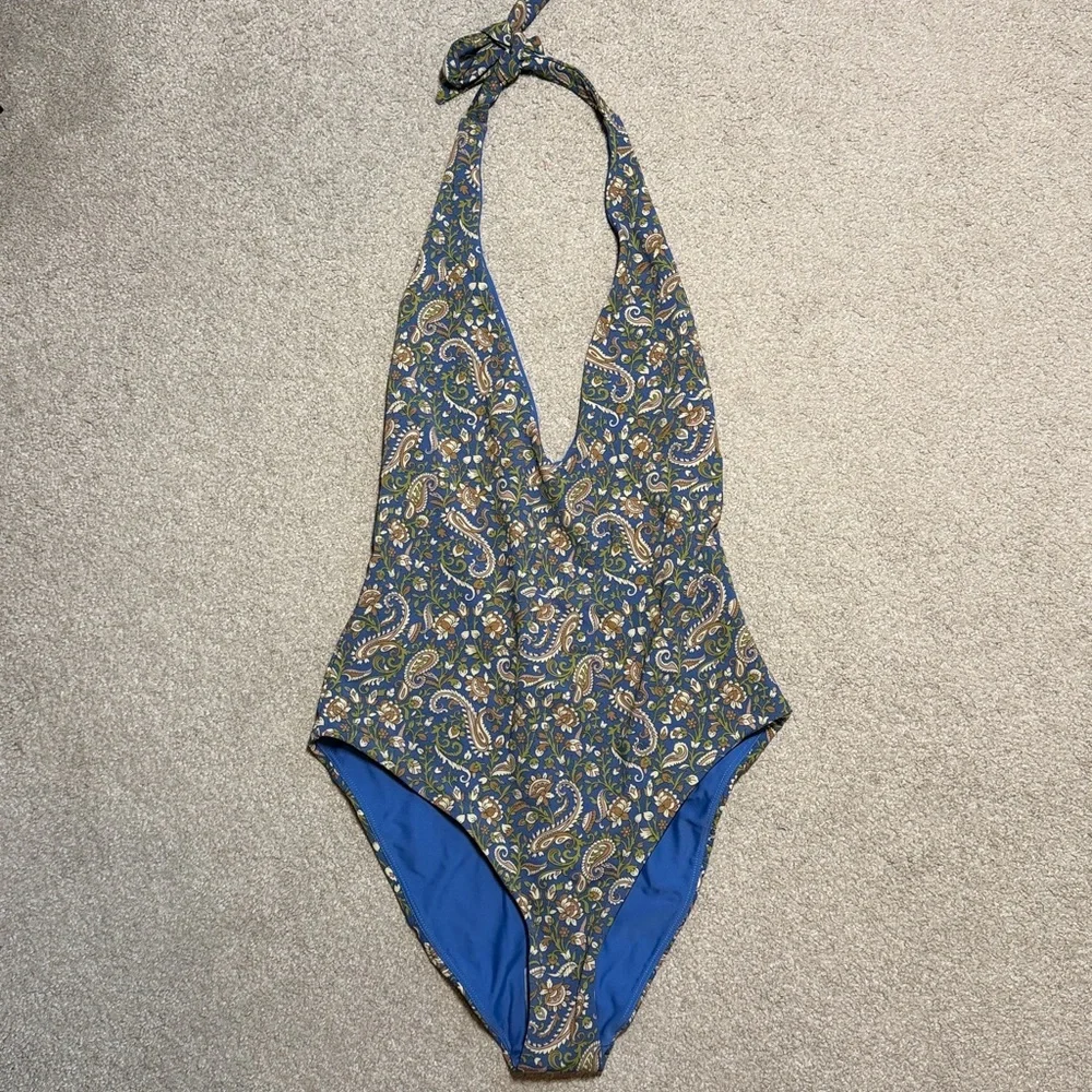 NWOT Veronica Beard Salis Paisley Plunging Halter One-Piece Swimsuit - Picture 3 of 6